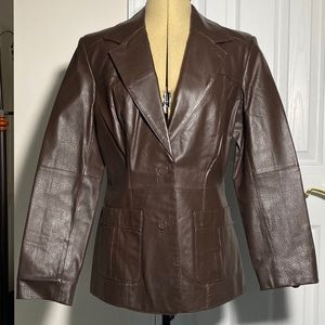 Brown 2-Pocket Button-Closure Pleated Leather Jacket: Size 8